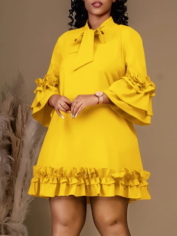 Abito Midi Casual Largo da Donna Con Scollo a Fiocco Maniche e Orlo a Volant a Strati Tinta Unita Elegante Abito a Linea A