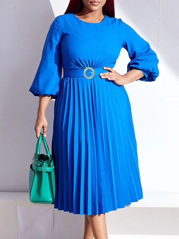 Vestido Midi Plisado Elegante para Mujer Color Sólido Cuello Redondo Manga Linterna Cintura Alta Con Cinturón de Hebilla de Strass