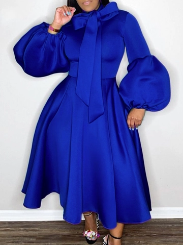 Women Plus Size Puff Sleeve Bow Tie Big Swing Evening Party Dress Polyester A-Line Mid-Length Elegant Banquet Prom Gown