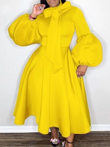 Women Plus Size Puff Sleeve Bow Tie Big Swing Evening Party Dress Polyester A-Line Mid-Length Elegant Banquet Prom Gown