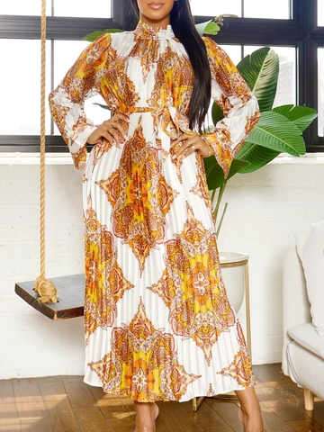 Damen Boho Paisley Druck Stehkragen Langarm Plissee Maxi Kleid Elegant Vintage Geometrisch Floral Urlaub Party Kleid