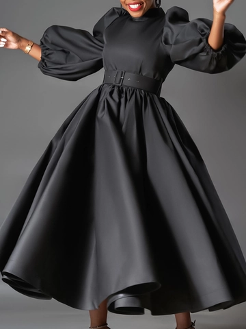 Women Plus Size Solid Color A-Line Midi Dress Puff Sleeve High Waist Mock Neck Belted Elegant Party Evening Wedding Dress