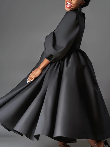Women Plus Size Solid Color A-Line Midi Dress Puff Sleeve High Waist Mock Neck Belted Elegant Party Evening Wedding Dress