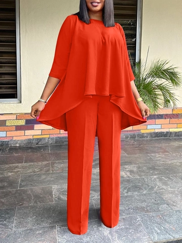 Women's Elegant Two-Piece Set Asymmetrical Irregular Hem Top And Wide Leg Pants Suit Solid Color Casual Streetwear Outfit
