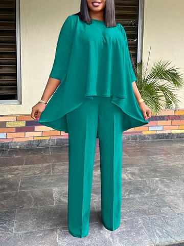Women's Elegant Two-Piece Set Asymmetrical Irregular Hem Top And Wide Leg Pants Suit Solid Color Casual Streetwear Outfit
