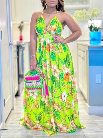 Women Tropical Floral Print Maxi Dress V Neck Halter Backless Polyester Beach Long Dress Summer Vacation Elegant Style