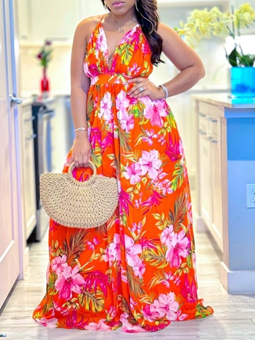 Women Tropical Floral Print Maxi Dress V Neck Halter Backless Polyester Beach Long Dress Summer Vacation Elegant Style