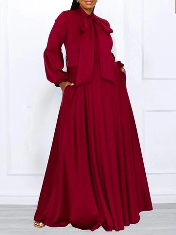 Elegant High Waist Tied Bow Neck Puff Sleeve Maxi Dress Solid Color Polyester African Party Evening Long Dress For Women