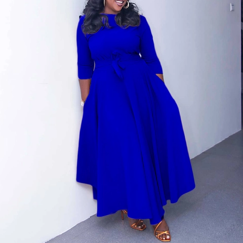 Women Elegant Solid Color Maxi Dress Elegant Round Neck 3/4 Sleeve High Waist Lace-up Belt Swing A-Line Dress