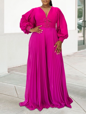 Eleganter Langarm Tiefer V-Ausschnitt Plissee Jumpsuit Für Damen Strass Hohe Taille Weites Bein Mode Party Kleidung