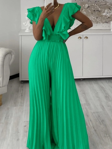 Mono Elegante para Mujer con Escote en V Profundo y Volantes Plisado de Pata Ancha Cintura Alta Sin Mangas Fiesta Vacaciones