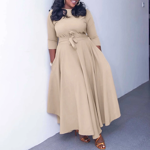 Women Elegant Solid Color Maxi Dress Elegant Round Neck 3/4 Sleeve High Waist Lace-up Belt Swing A-Line Dress