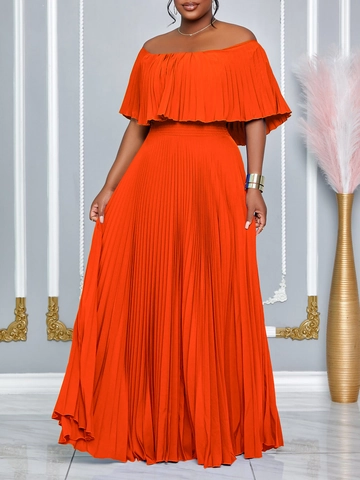 Schulterfreies Plissiertes Maxi Kleid Elegant Rüschen Besatz Hohe Taille Einfarbig Sexy Sommerurlaub Langes Kleid Damen