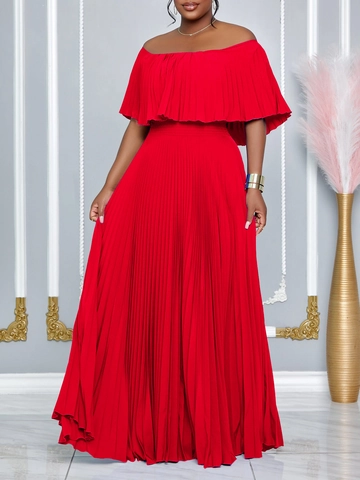 Schulterfreies Plissiertes Maxi Kleid Elegant Rüschen Besatz Hohe Taille Einfarbig Sexy Sommerurlaub Langes Kleid Damen
