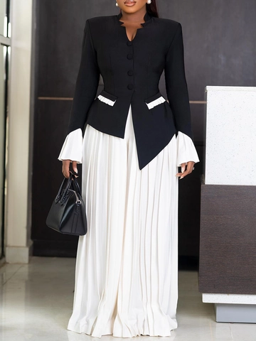 Elegantes Damen Büro Set Top Und Hose Ausgestellte Lange Ärmel Asymmetrisches Oberteil Plissierte Weite Hose Einfarbig