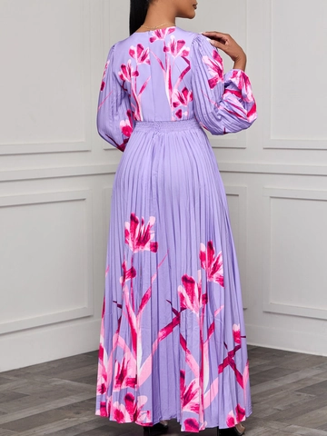 Elegantes Maxikleid Mit Blumenmuster Und V-Ausschnitt Für Damen Langarm Plissee Hohe Taille Laternenärmel A-Linie Abendkleid