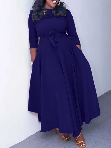 Women Elegant Deep Blue Midi Dress Solid Color Large Swing A-Line Round Neck 3/4 Sleeve High Waist Belted African Style Robe