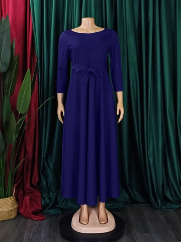 Women Elegant Deep Blue Midi Dress Solid Color Large Swing A-Line Round Neck 3/4 Sleeve High Waist Belted African Style Robe