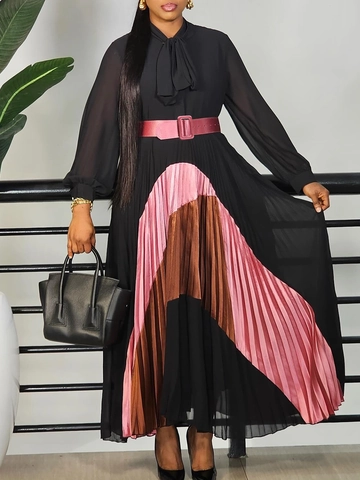Damen Elegant Color Block Plissiertes Maxikleid Mit Gürtel Langarm Schleifenhals Patchwork A-Linie Übergröße Kleid
