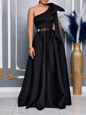 Elegantes Abendkleid Ein Schulter Mit Großer Schleife Satin Gold Gürtel Seitenschlitz A-Linie Maxikleid Für Damen Party