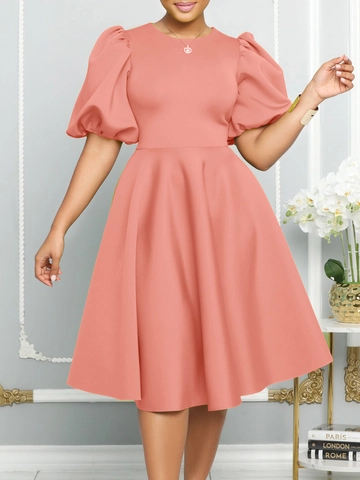 Elegant Women Round Neck Puff Sleeve A-Line Maxi Dress High Waist Solid Color Polyester Summer Evening Banquet Party Gown
