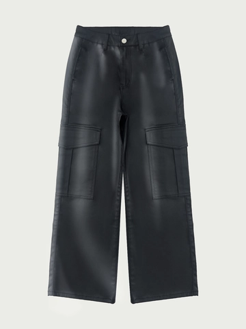Damen Schwarz Kunstleder Cargohose Weites Bein Hohe Taille Gerade Hose Casual Streetwear Workwear Cargohose Mit Taschen