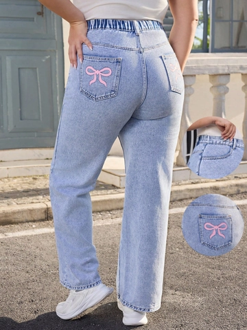 Women Plus Size High Waist Straight Leg Jeans Sweet Pink Bow Embroidery Cotton Blend Casual Denim Long Pants