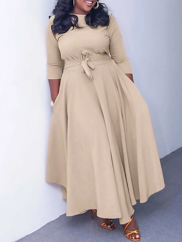 Damen Elegant Übergröße Einfarbig Maxi Kleid Rundhals 3/4 Ärmel A-Linie Großer Schaukel Gürtel Pendler Kleid