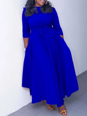 Damen Elegant Übergröße Einfarbig Maxi Kleid Rundhals 3/4 Ärmel A-Linie Großer Schaukel Gürtel Pendler Kleid