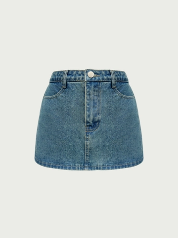 Gonna-Pantalone da Donna in Denim Casual Finto Due Pezzi Cotone Lavato a Trapezio Pantaloncini a Vita Bassa Vestibilità Slim Blu