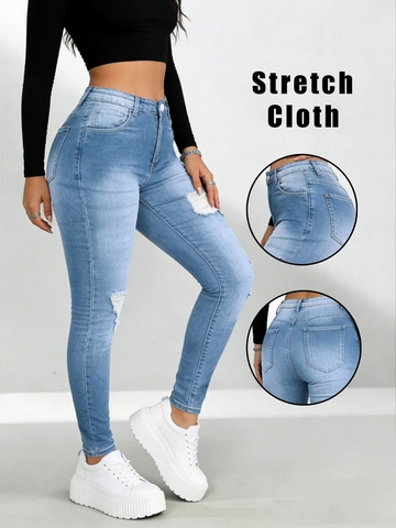 Damen High Waist Zerrissene Skinny Jeans Elastische Denim Bleistifthose Washed Slim Fit Po-Lifting Jeans Hellblau