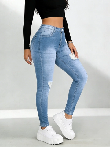Damen High Waist Zerrissene Skinny Jeans Elastische Denim Bleistifthose Washed Slim Fit Po-Lifting Jeans Hellblau