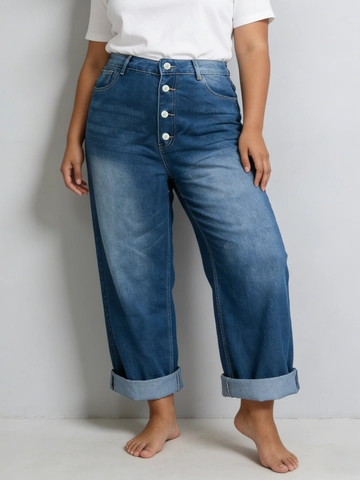 Plus Size High Waist Wide Leg Jeans For Women Retro Washed Button Fly Straight Denim Pants Casual Loose Rolled Cuff Trousers