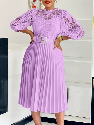 Elegante Vestido Midi Plisado de Encaje Calado con Cinturón Manga Linterna Tres Cuartos Color Sólido Mujer