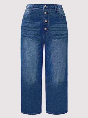 Plus Size High Waist Wide Leg Jeans For Women Retro Washed Button Fly Straight Denim Pants Casual Loose Rolled Cuff Trousers