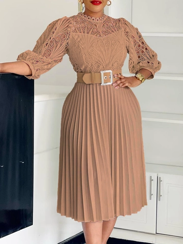 Elegante Vestido Midi Plisado de Encaje Calado con Cinturón Manga Linterna Tres Cuartos Color Sólido Mujer
