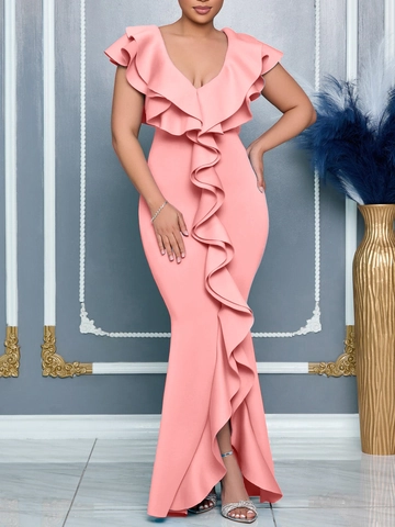 Elegante Damen V-Ausschnitt Rüschen Schlitz Meerjungfrau Abendkleid Einfarbig Formelle Bankett Hochzeit Party Maxi Kleid