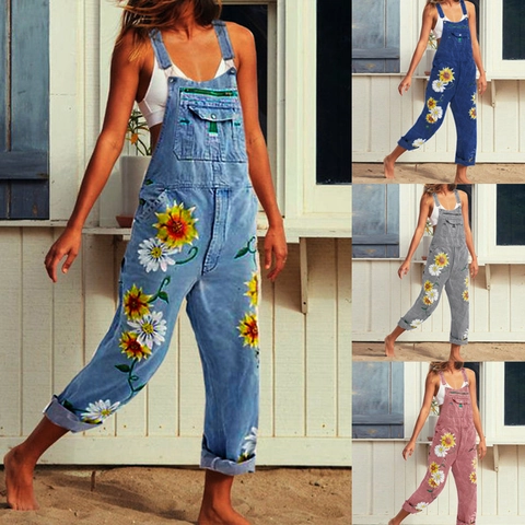 Women Floral Print Denim Overalls Sunflower Daisy Pattern Adjustable Straps Multi-Pockets Casual Straight Leg Jean Jumpsuit