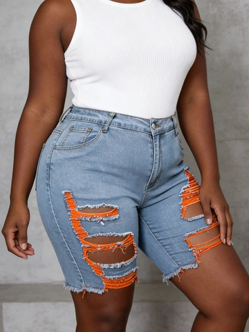 Pantaloncini di Jeans Strappati Taglie Forti Donna Street Style Patchwork in Mesh Arancione Sfrangiati Aderenti Biker