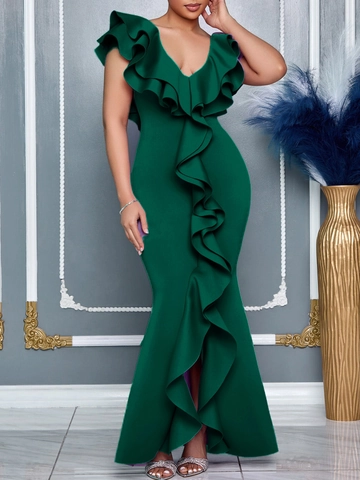 Elegante Damen V-Ausschnitt Rüschen Schlitz Meerjungfrau Abendkleid Einfarbig Formelle Bankett Hochzeit Party Maxi Kleid