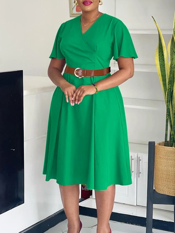 Women Elegant V Neck Ruffle Sleeve Midi Dress With Belt Solid Color Casual Office A-Line Dress Formal Party Long Dress