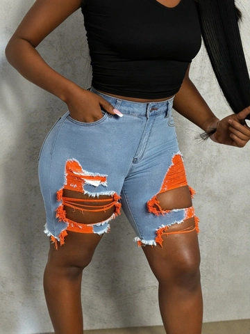 Pantaloncini di Jeans Strappati Taglie Forti Donna Street Style Patchwork in Mesh Arancione Sfrangiati Aderenti Biker