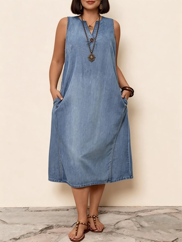 Damen Übergrößen Ärmelloses Jeanskleid Casual V-Ausschnitt Knopfleiste Locker Gewaschenes Midi Langes Kleid Mit Taschen