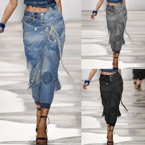 Dames Gedeconstrueerde High Waist Patchwork Jeans Distressed Gerafelde Rand Vetersluiting Denim Broek Plus Size Streetwear