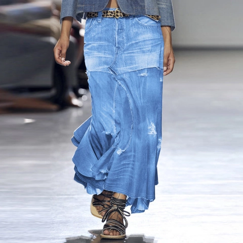 Γυναικεία Casual Ακανόνιστη Patchwork Denim Μακριά Φούστα Φθαρμένη Πλυμένη Μείγμα Βαμβακιού Με Βολάν Μακριά Τζιν Φούστα
