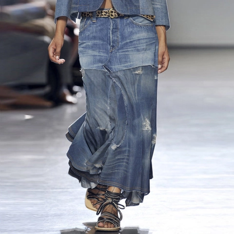 Γυναικεία Casual Ακανόνιστη Patchwork Denim Μακριά Φούστα Φθαρμένη Πλυμένη Μείγμα Βαμβακιού Με Βολάν Μακριά Τζιν Φούστα