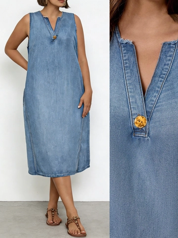 Damen Übergrößen Ärmelloses Jeanskleid Casual V-Ausschnitt Knopfleiste Locker Gewaschenes Midi Langes Kleid Mit Taschen