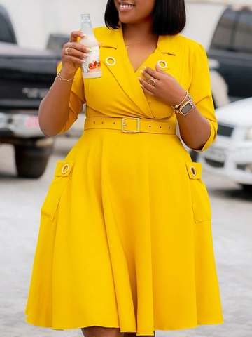 Women Elegant Lapel Blazer Dress Long Sleeve Midi Pleated A-Line Dress With Belt Vintage Solid Color Work Office Party Outfits