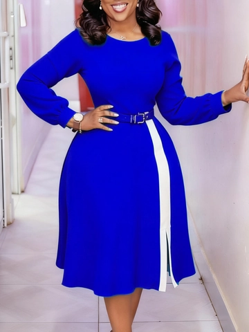 Damen Elegantes Midi Kleid Mit Rundhalsausschnitt Und Langen Ärmeln Schlitz Kontrast Panel Gürtel Hohe Taille Büro Kleid