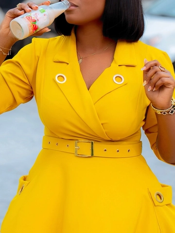 Women Elegant Lapel Blazer Dress Long Sleeve Midi Pleated A-Line Dress With Belt Vintage Solid Color Work Office Party Outfits